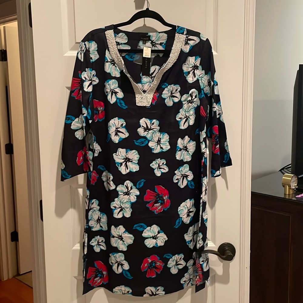 3/4 sleeve coverup (could also be a dress) with floral pattern and beading.